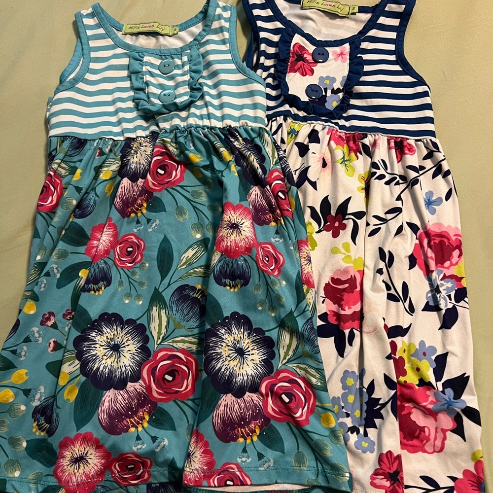 Floral Striped Kids Casual Dresses - Blue and White